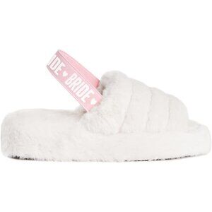 Bride Slippers Faux Fur White Pink Elastic Bridal Shower Wedding Gift